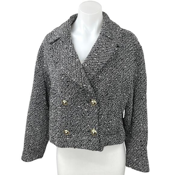 ZARA Black Textured Boucle Knit Tweed Double Breasted Crop Blazer Coat Jacket XS - Picture 1 of 3